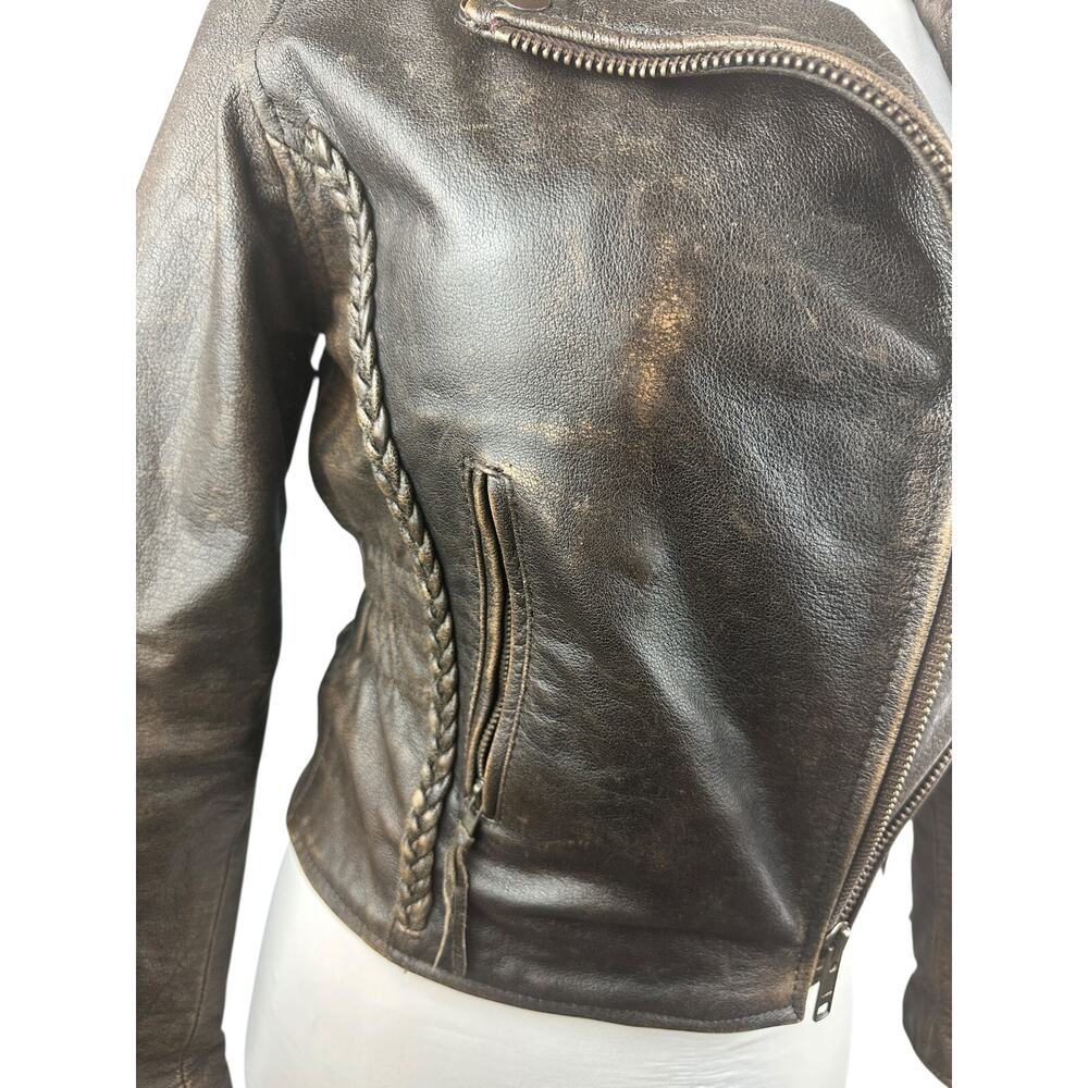 Unik Distressed Brown Leather Braided Moto Motorcycle Jacket Cross Zip Size XS - Picture 6 of 16